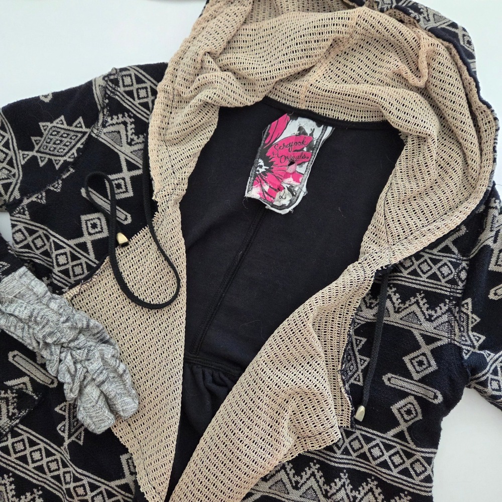 Scrapbook Originals Hooded‎ Cardigan Black Geometric Tribal Boho Womens Large